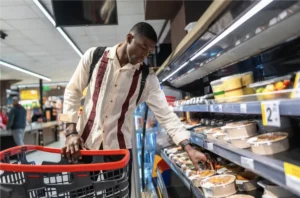 Shopper selecting a prepared grab-and-go meal from a refrigerated grocery case.